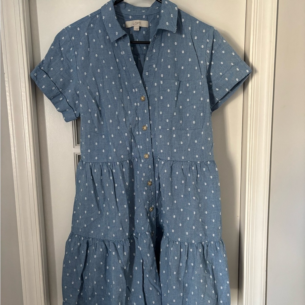 LOFT Chambray Blue Dress with White Dots